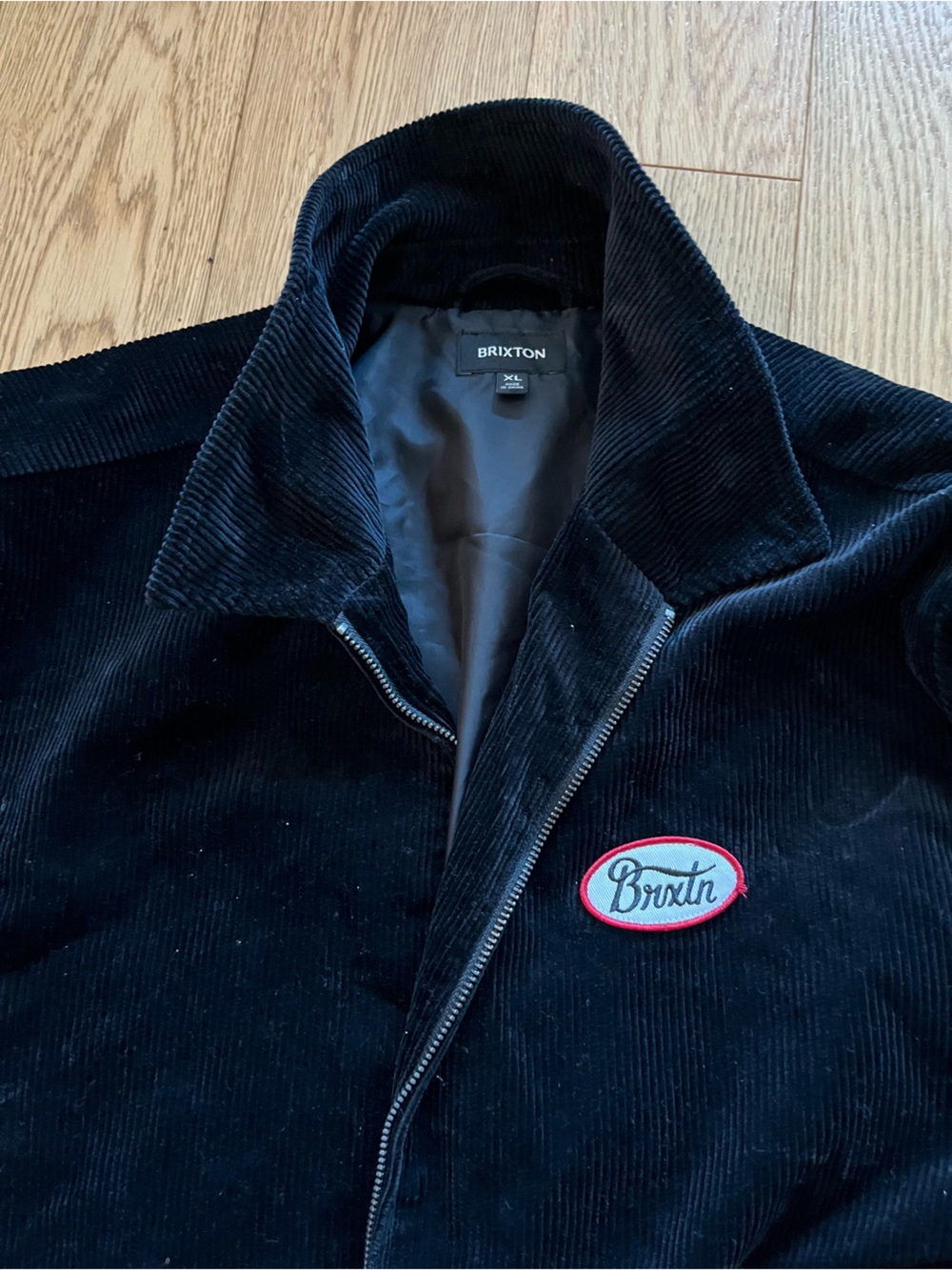Brixton Corduroy Jacket Mens XL Black Full Zip Embroidered Patch Work Bomber